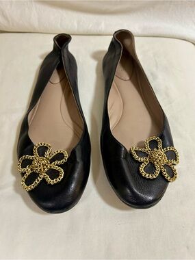 Chloé Laurena Black Leather Chain Flower Ballet Flats
